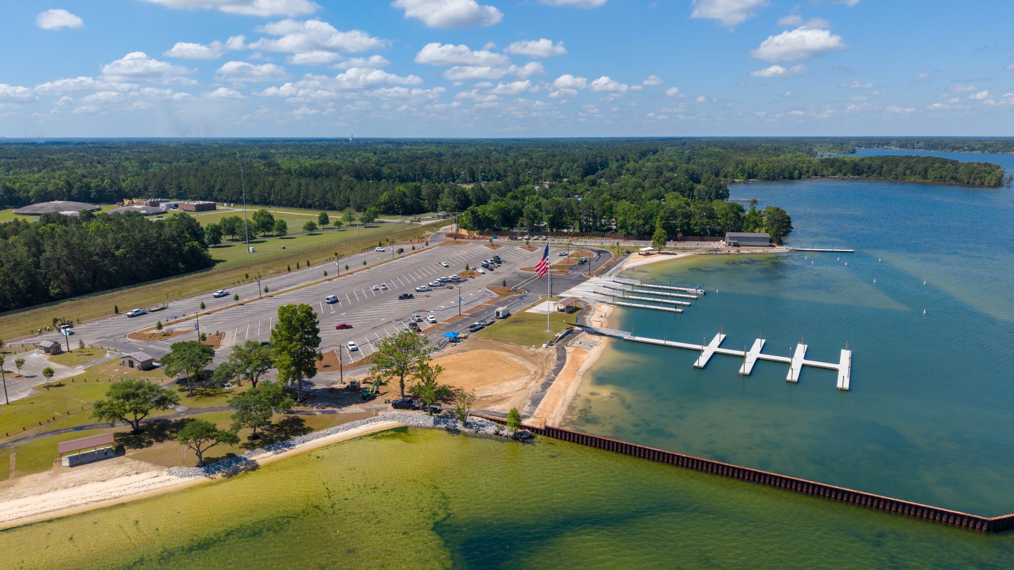 Aerial view of Berkeley County Waterfront Park on Lake Moultrie showing boat ramps, marina, and shoreline